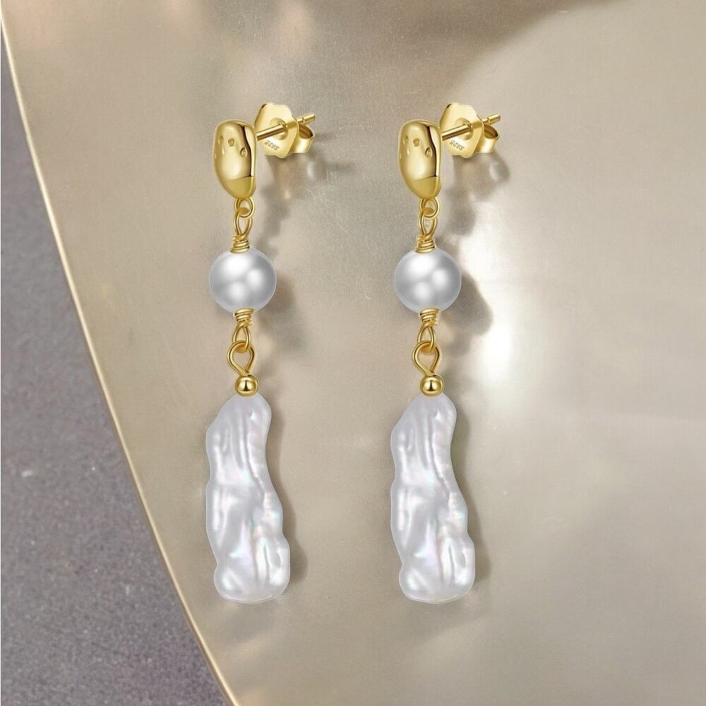 NEW 14K gold plated freshwater baroque pearl drop earrings jewelry gift B19 - Picture 7 of 8